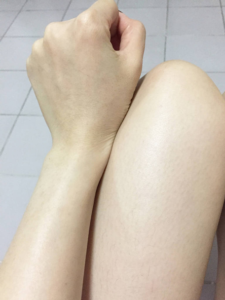 Top View Selfie Female Foot and Legs Isolated, Top View. Beautiful Woman Body Parts on the Tile Floor Background Great For Any Use. - Photo, image