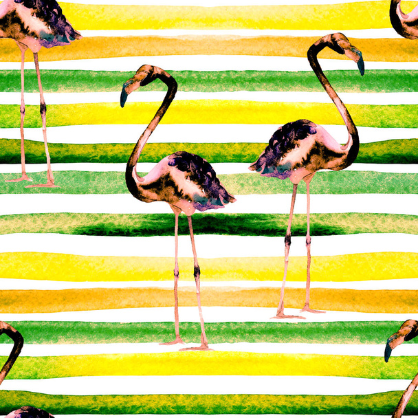 Watercolor Stripes Seamless Pattern with Flamingo. - Photo, Image