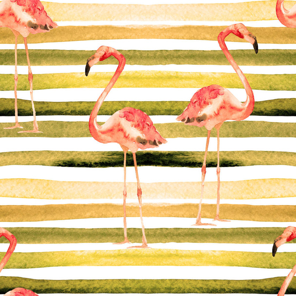 Watercolor Stripes Seamless Pattern with Flamingo. - 写真・画像