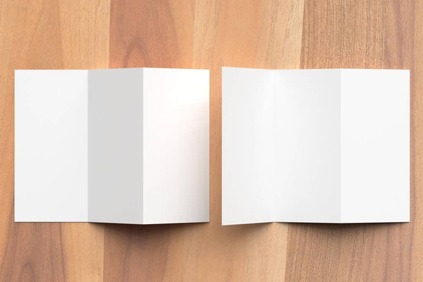 Thrifold - Tre pieghe brochure modello su sfondo di legno. 3d
  - Foto, immagini