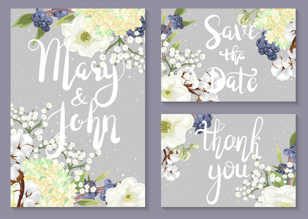 Save the date. A set of wedding invitations and cards with flowering branches  - Vector, Image