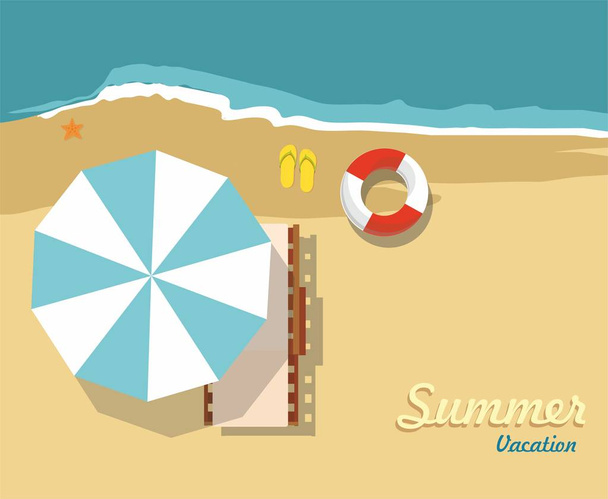 Utazókocsi Lebzsel és napernyő a strandon. Pihenés és a turizmus - Vektor, kép