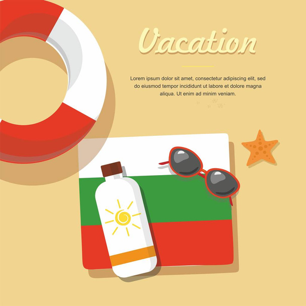 Bulgaria Turismo. salvagente nella sabbia con asciugamano, occhiali da sole e altri
 - Vettoriali, immagini