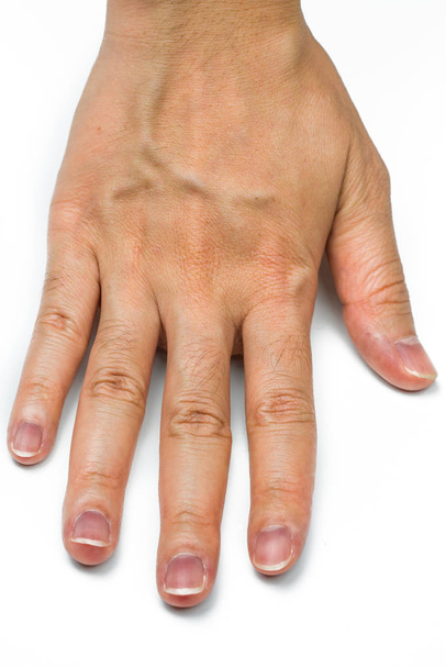 Vrouw hand met bloed aderen geïsoleerd op een witte achtergrond. Vinger met mid digitale haren is dominant gen. Achterkant hand moeten met droge huid en rimpel in volwassen vrouw spa of paraffine behandeling.  - Foto, afbeelding