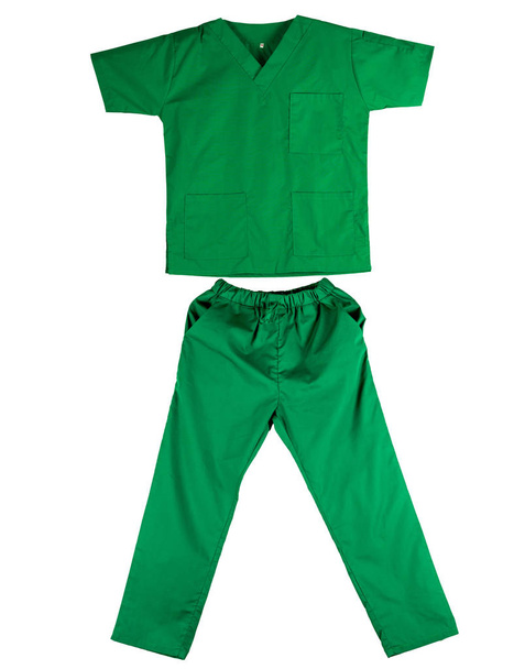 Verde esfrega uniforme isolado no fundo branco. Camisa verde e calças para veterinário, médico ou enfermeiro
 - Foto, Imagem