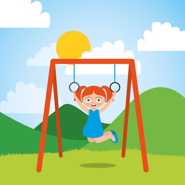 fiatal lány játék-val bar gyűrűk a parkban és a sunny day - Vektor, kép