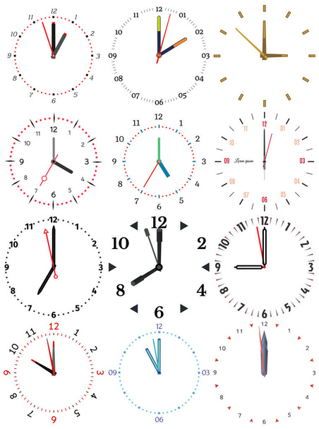 eine Reihe verschiedener mechanischer Uhren mit einem Bild jeder der zwölf Stunden - Vektor, Bild