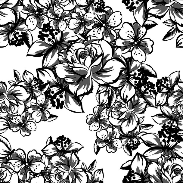 Seamless vintage style ornate flower pattern. Floral elements in contour - Vetor, Imagem