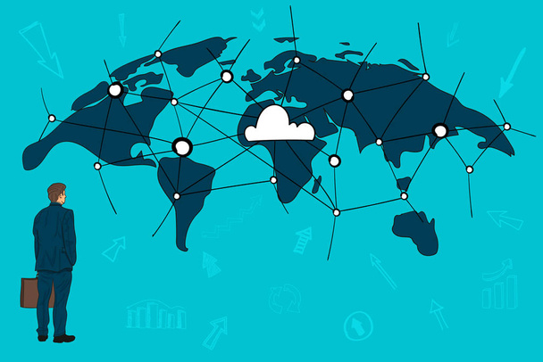 Бизнесмен смотрит на карту мира и концептуальное облако через сеть
 - Вектор,изображение