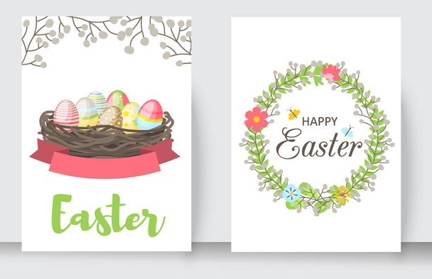 Easter cards vector cartoon characters and invitation banner design holiday decoration spring celebration traditional greeting symbols - Vektor, Bild