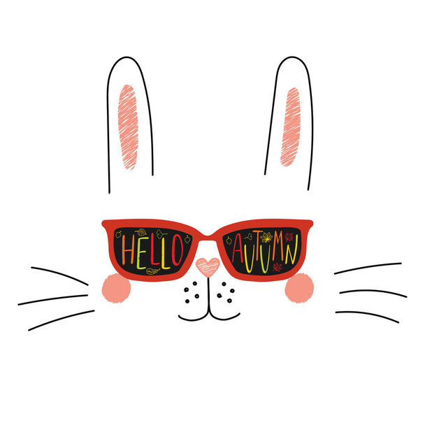Ręka kreskówce ładny zabawny królik w okulary z odzwierciedlenie spadających liści wewnątrz soczewki i tekst Hello jesień, wektor, ilustracja - Wektor, obraz