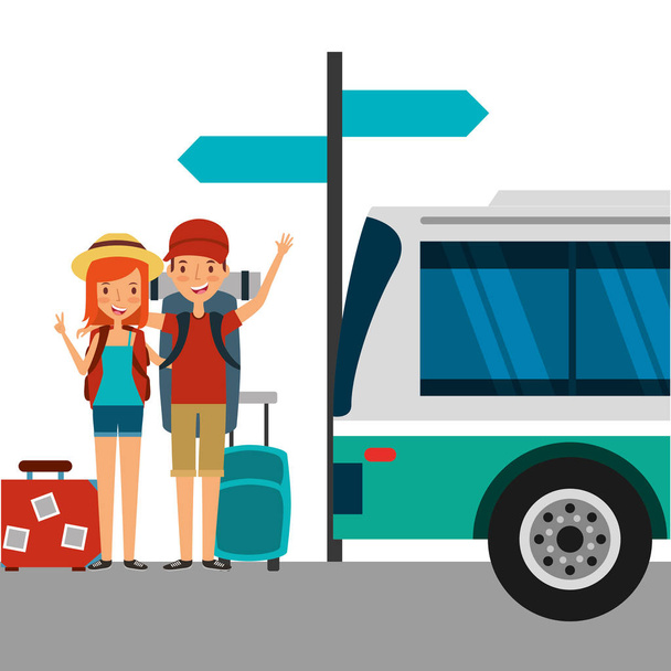 boldog pár turisták csomag a buszmegállóban - Vektor, kép