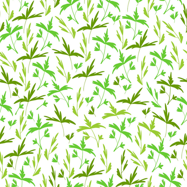 Trendy Seamless Floral Print. Small white leaves on green background. Can be used for textile, fabric, wallpaper, scrapbooking design. Vector - Вектор,изображение