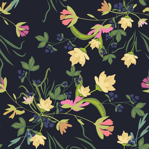 Seamless pattern with small flowers on a dark background - Vektör, Görsel