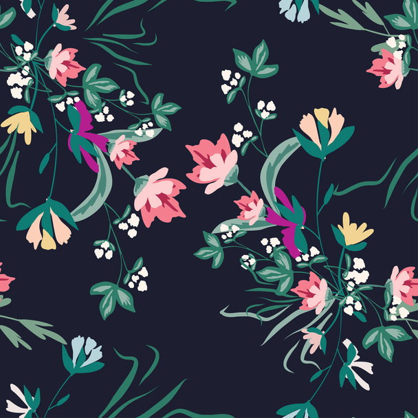 Seamless pattern with small flowers on a dark background - Vettoriali, immagini