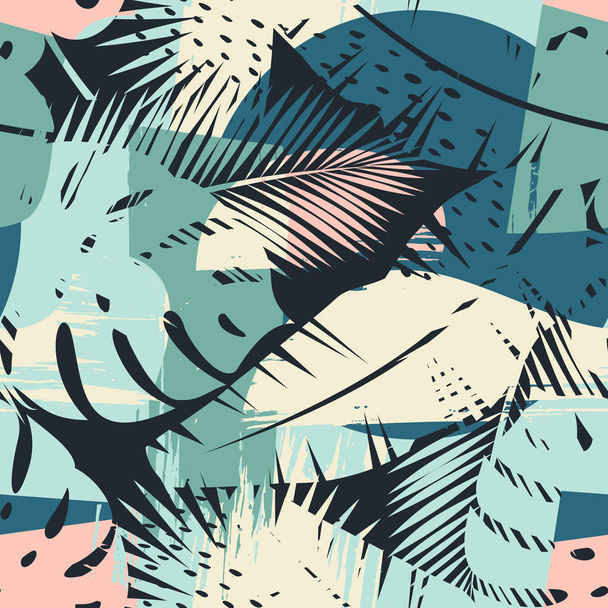 Seamless exotic pattern with tropical plants and artistic background - Вектор,изображение