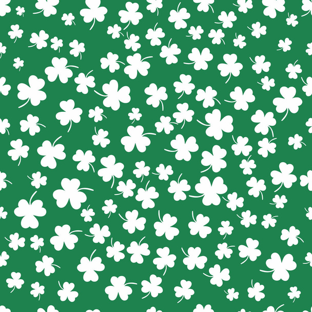 Seamless clover leaf flat design green pattern on dark green background vector illustration. White shamrocks falling like a drops of the rain - Vector, Image