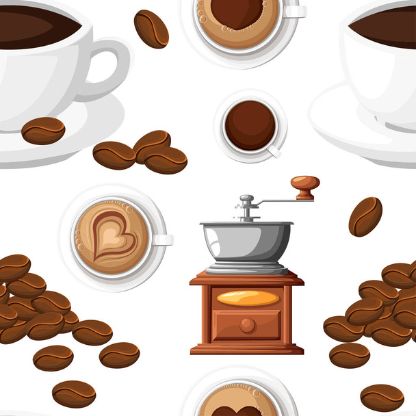 nahtlose Muster der klassischen Kaffeemühle mit einem Bündel Kaffeebohnen manuelle Kaffeemühle und eine Tasse Kaffeetasse Vektor Illustration isoliert auf weißem Hintergrund - Vektor, Bild