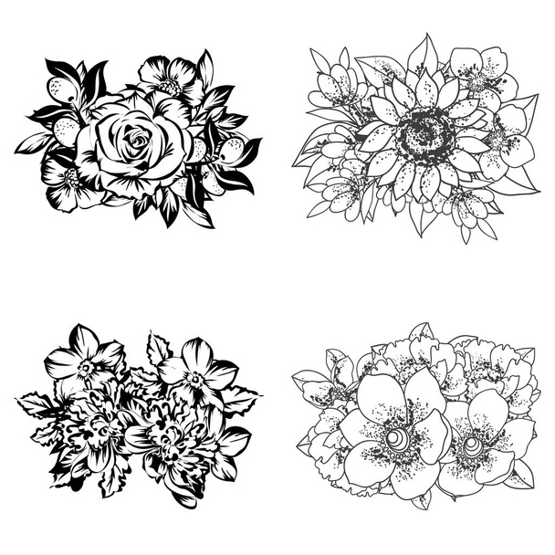 Set of four ornate flower bouquets isolated on white background - Vecteur, image