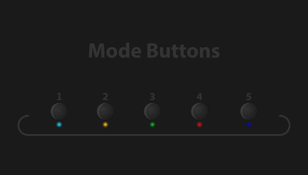 Zwarte knoppen met LED's. Instellen van knoppen, selecteert u de modus. Vijf modusknoppen met gekleurde lampen. - Vector, afbeelding