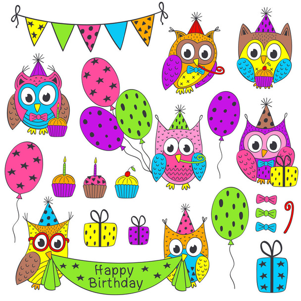 conjunto de elementos de fiesta de cumpleaños aislados con búhos divertidos - ilustración vectorial, eps
 - Vector, Imagen