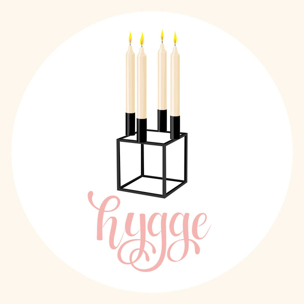 Hand sketched Hygge text, candlestick and candles as Danish lifestyle concept logotype, icon, banner template. Inspiration quote for social media and cards. EPS10 vector illustration. - Vector, Image