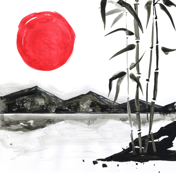 Montanhas em estilo japonês. Ilustração de pintura à mão aquarela
 - Foto, Imagem
