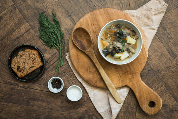 mushroom soup with greens, concept lunch - Fotoğraf, Görsel