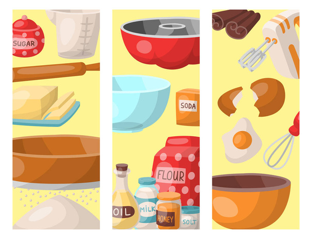 Bakken gebak bereiden ingrediënten keuken kaarten kookgerei zelfgemaakte voedsel bereiding baker vectorillustratie. - Vector, afbeelding