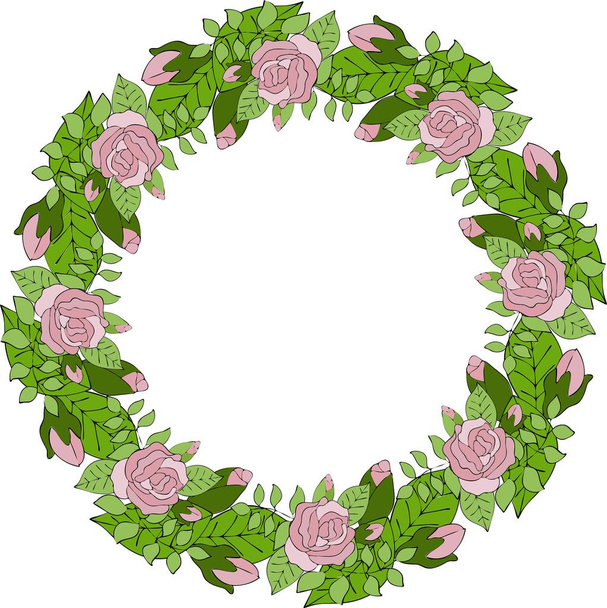 Wreath of pink roses and leaves - Vektor, kép