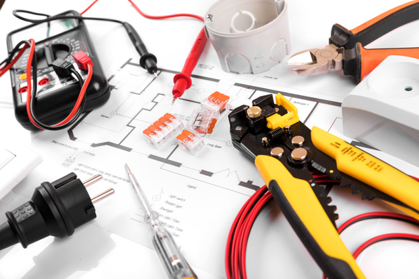 electrical tools and equipment on house circuit diagram - Photo, Image