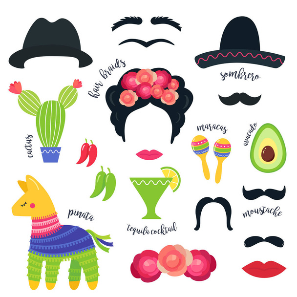 Símbolos de fiesta mexicanos y accesorios de cabina de fotos. Diseño de vectores
 - Vector, imagen