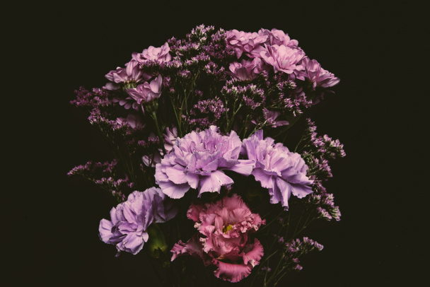 close-up view of beautiful tender pink and purple flowers isolated on black  - Fotoğraf, Görsel