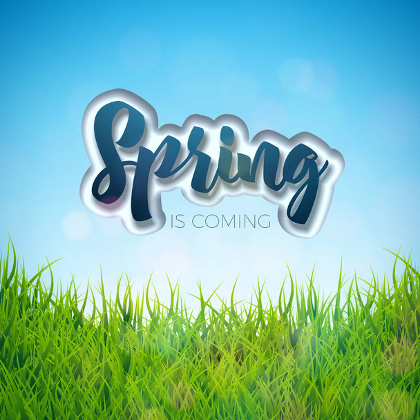 Spring design with nature landscapeon background. Vector floral design template with typography letter. - Vector, Imagen