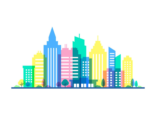City illustration with punchy pastels colors. Flat style silhouettes of buildings on white background. Cityscape background in pastel colors. Urban life. - Vector, imagen
