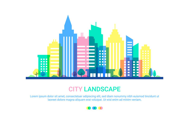 City landscape template. Flat style illustration in punchy pastels colors. Colored Buildings on white background. Cityscape background in pastel colors. Urban life. - Vektör, Görsel