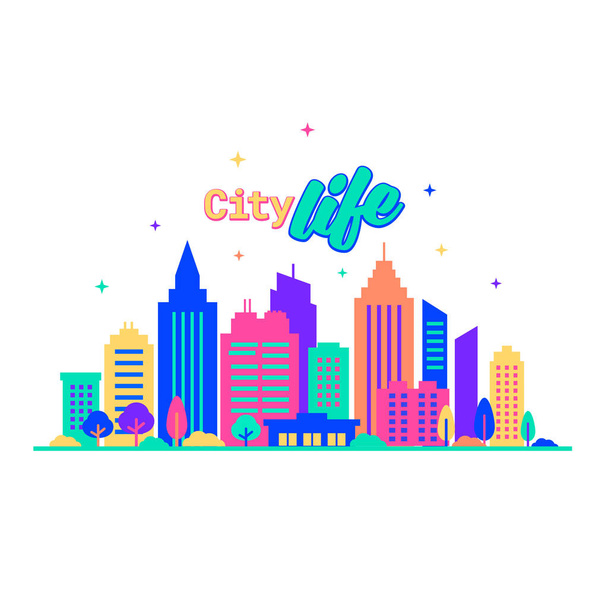 City life. Silhouettes of buildings with neon glow and vivid colors. City landscape template. Flat style illustration in neon vivid colors. Cityscape background, Urban life. - Vector, imagen
