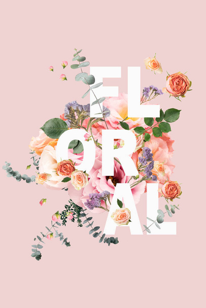 collage creativo con ramo floral y hojas en rosa con signo de FLORAL
 - Foto, imagen