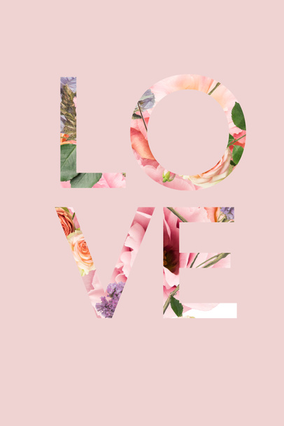 LOVE sign cut out of floral bouquet photo on pink - Photo, Image