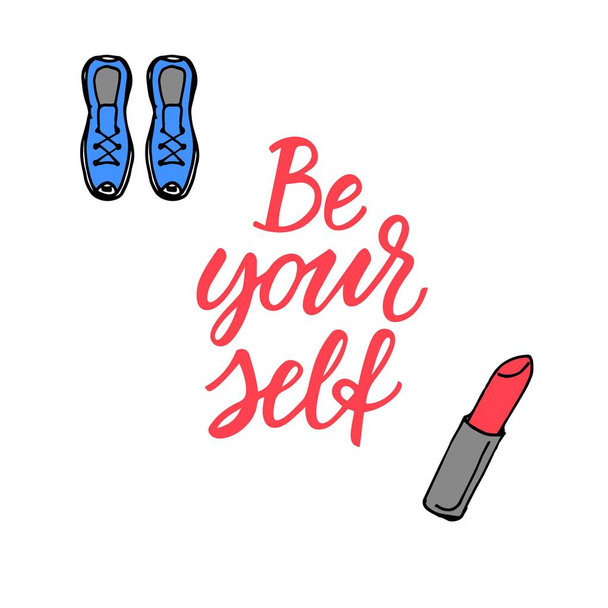 Be yourself! Motivational quote with modern calligraphy and sport icons. - Vector, Image