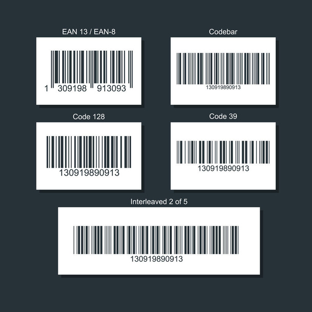 商品の種類のバーコードのセットです。暗い背景に分離されたの図. - ベクター画像