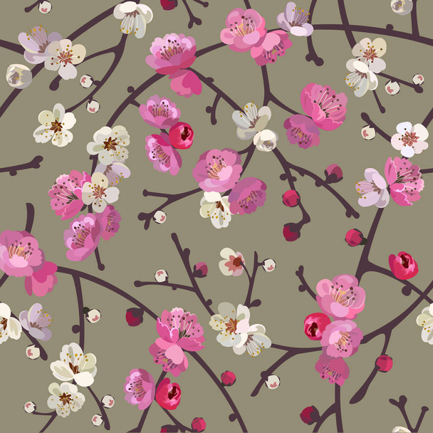   Seamless pattern with blooming sakura branches. Cherry blossoms floral background - Vector, Image