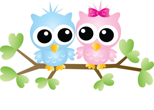 two sweet little owls sitting on a branch love or friendship - Vector, imagen
