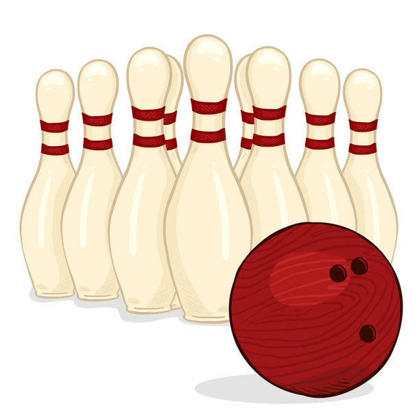 Cartoon Set of White Bowling Skittles and Red Ball, векторная иллюстрация
 - Вектор,изображение