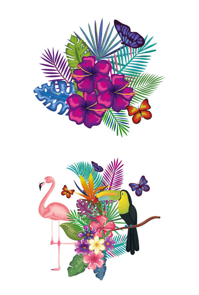 τροπικές και εξωτικά πουλιά με floral διακόσμηση - Διάνυσμα, εικόνα