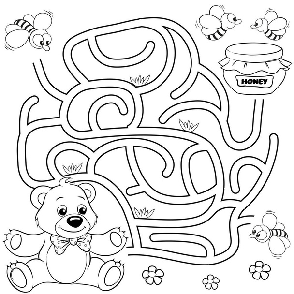 Help bear find path to honey. Labyrinth. Maze game for kids. Black and white vector illustration for coloring book - Вектор,изображение
