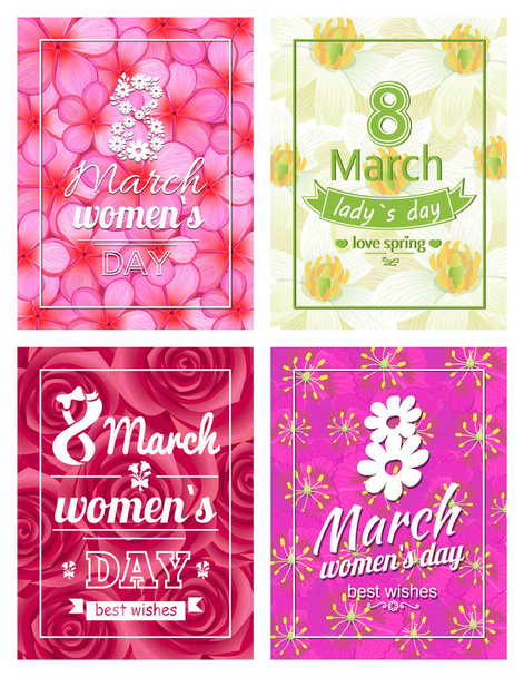Posters Set Ladies Day Love Spring 8 March Text - Vektori, kuva