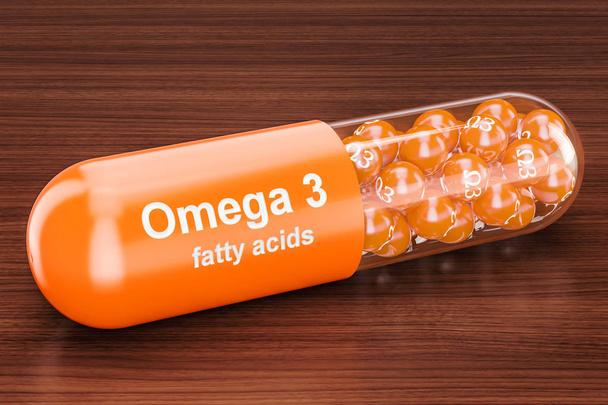 omega-3 capsule on the wooden table. 3D rendering - Foto, Imagen