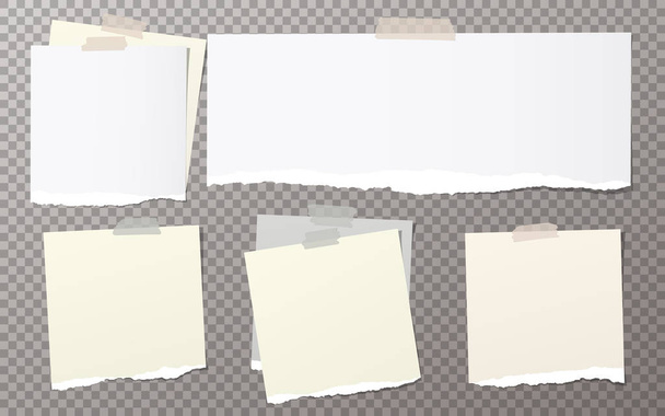 Pieces of torn white note, notebook paper strips for text stuck with adhesive tape on gray squared background. Vector illustration. - Vector, Image