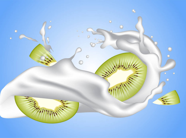 realistische Milchkrone Joghurt wellig Splash mit Kiwi-Fruchtscheiben.  - Vektor, Bild